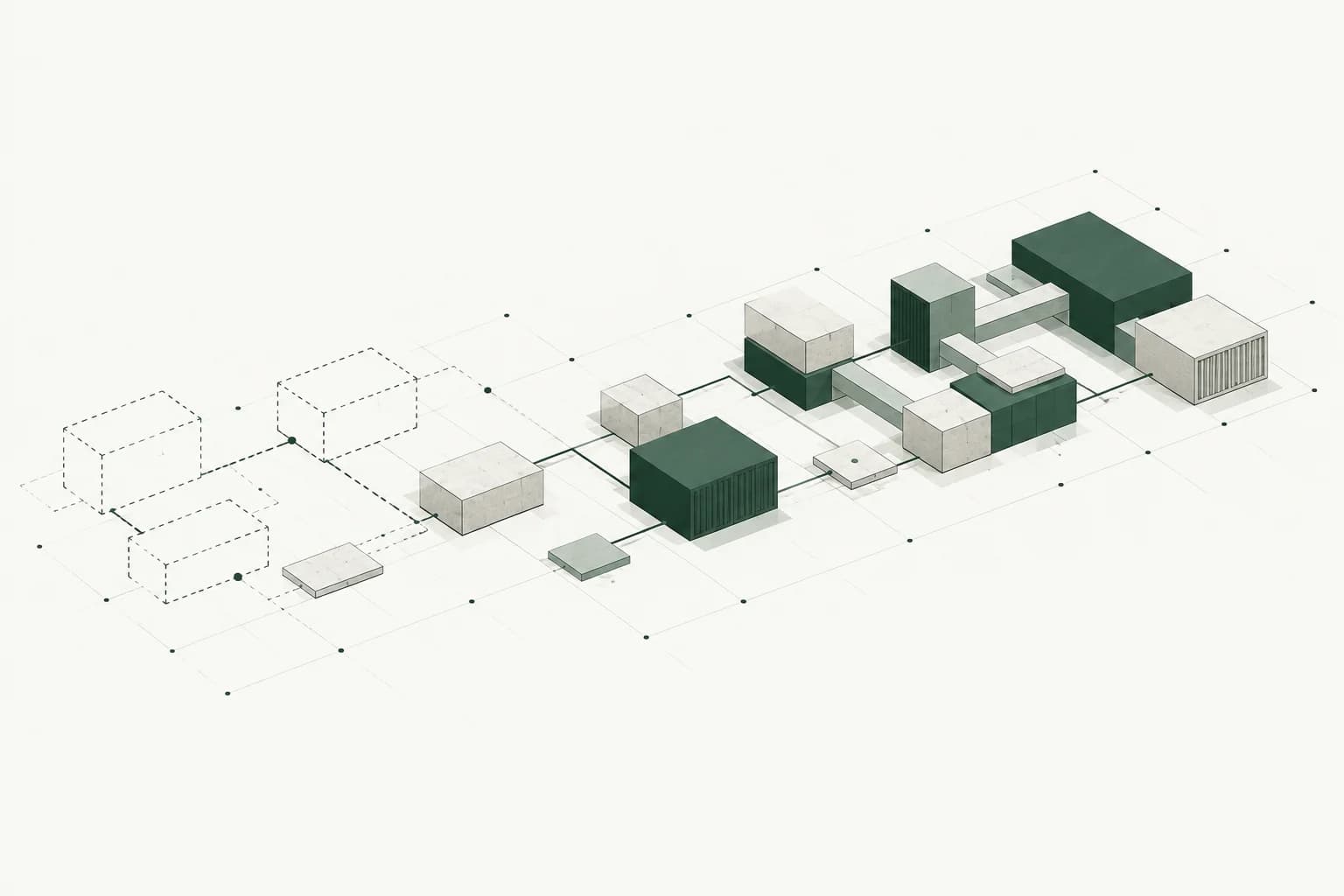 Des modules existants et des modules à construire reliés dans une structure qui se précise progressivement